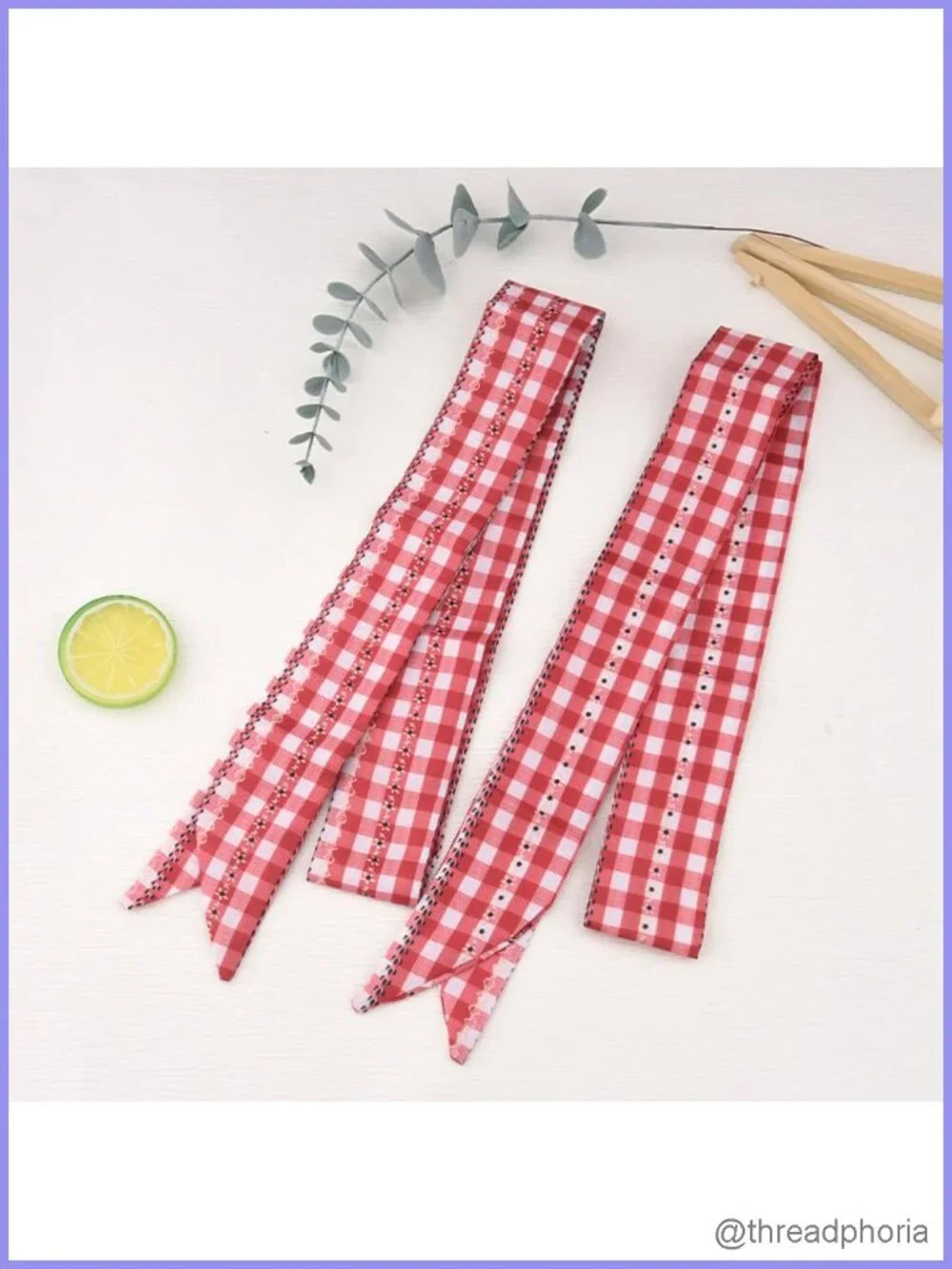 Silk Satin Skinny Neck Scarf Extra Long Gingham Plaid 2 Pack Hair Scarf Handbag
